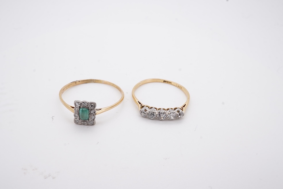 An 18ct and plat. five stone diamond set half hoop ring, size V together with a yellow metal emerald and diamond set tablet ring, size Z+++, gross weight 4.5 grams. Condition - fair